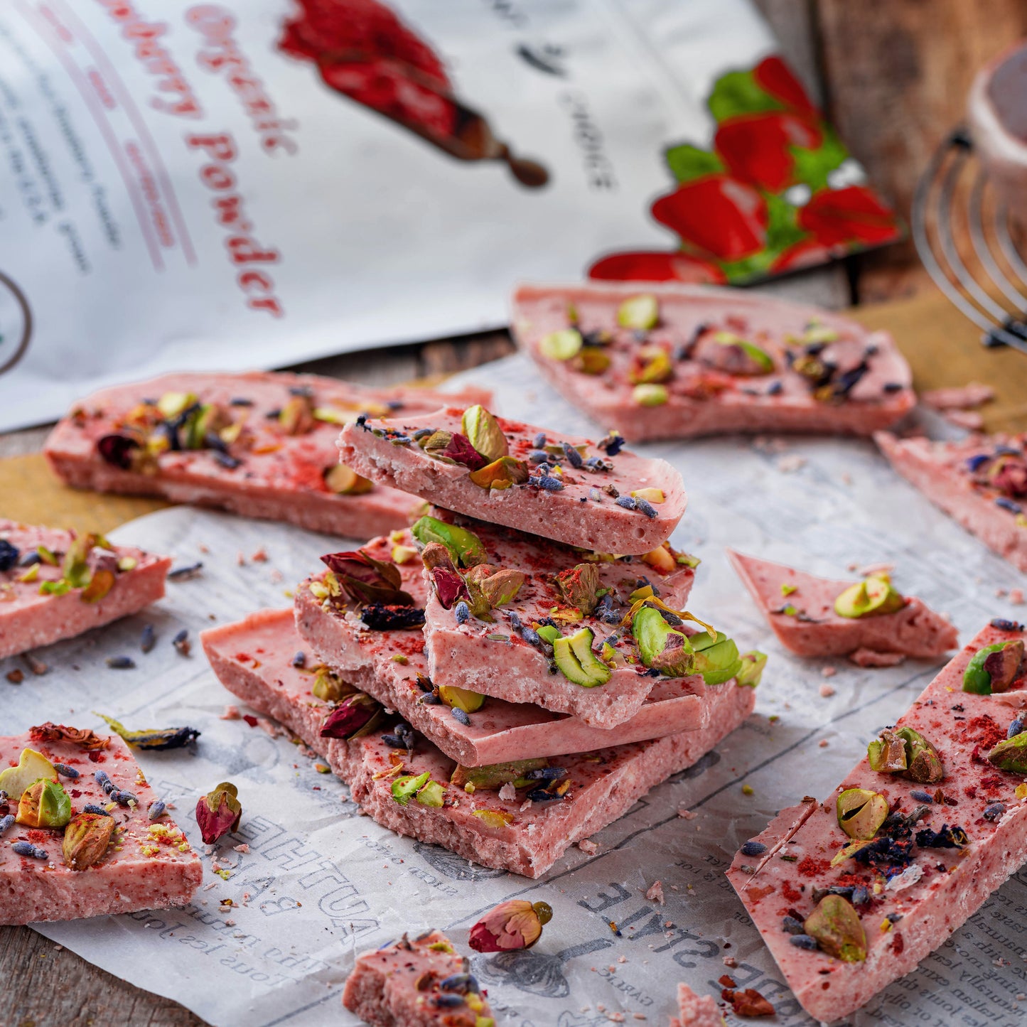 White chocolate bark made with Ancient Choice Strawberry Powder, topped with pistachios and powder dusting on top.