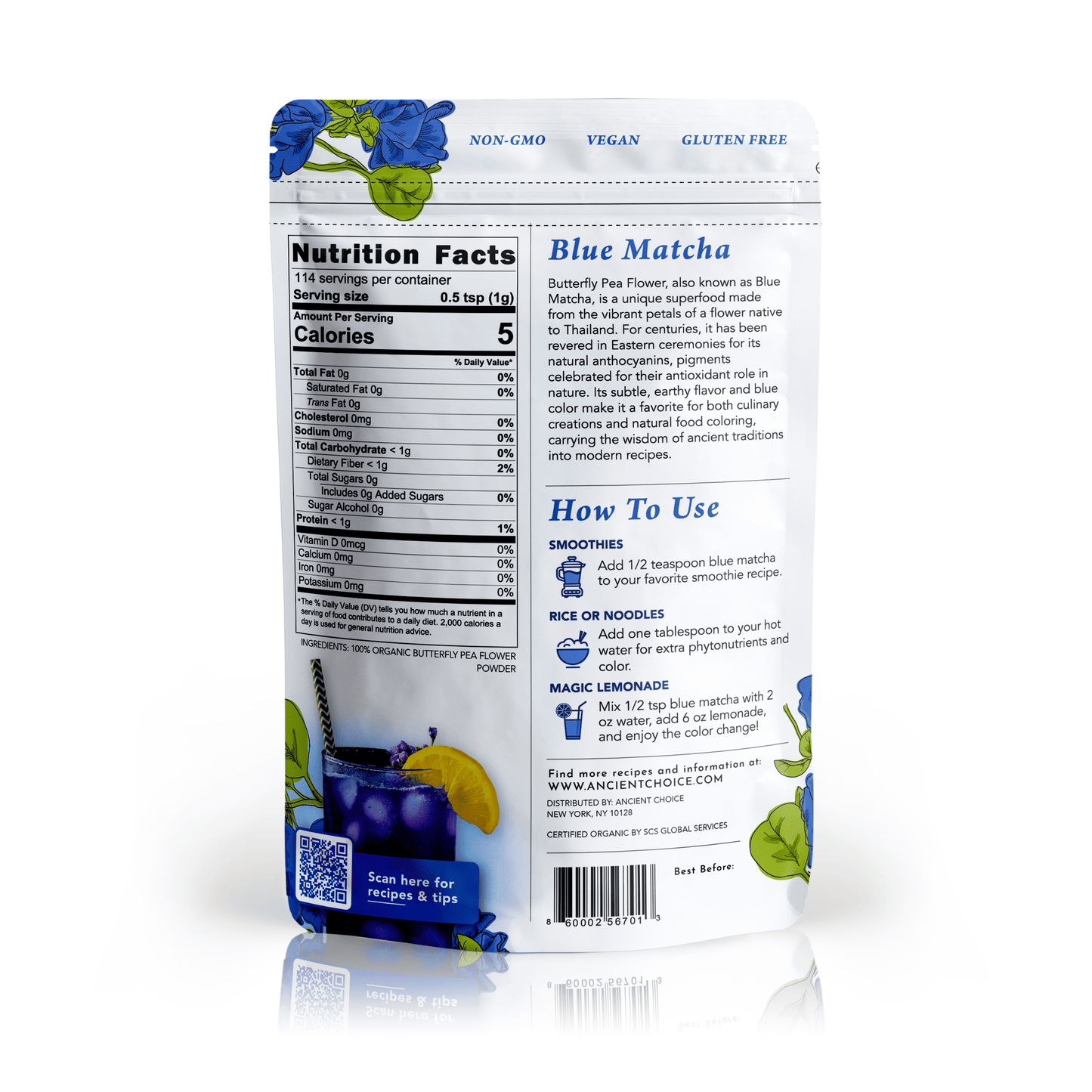 Back label of Ancient Choice Butterfly Pea Flower Powder, 4 oz pouch. USDA Organic Certified and Non-GMO Project Verified.