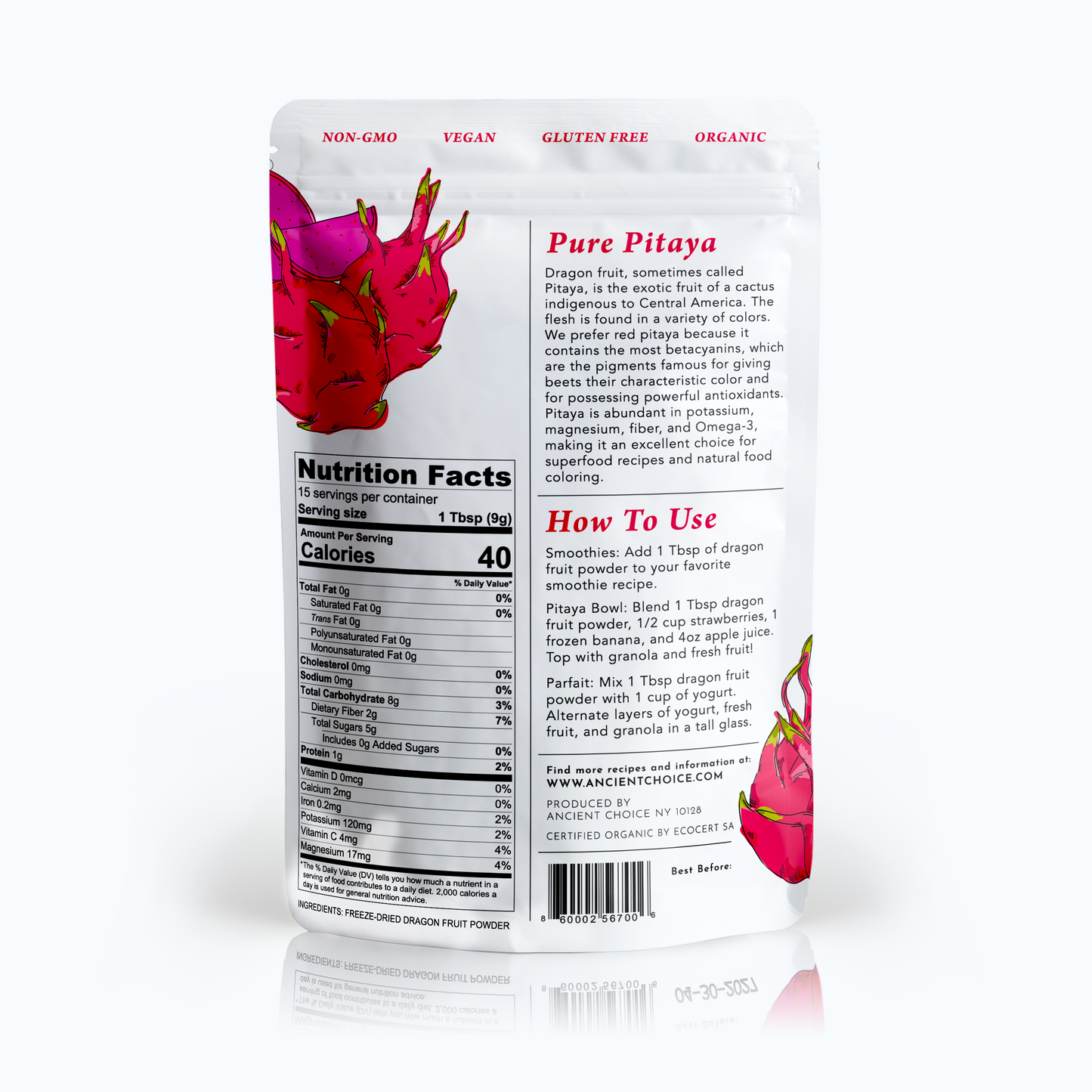 Back label of Ancient Choice Dragon Fruit Powder 4 oz pouch, showing Nutrition Facts and usage instructions.