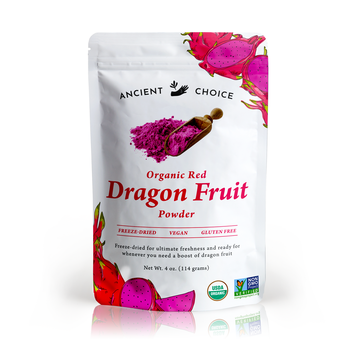 Ancient Choice Dragon Fruit Powder, 4 oz pouch, freeze-dried, USDA Organic Certified, and Non-GMO Project Verified.
