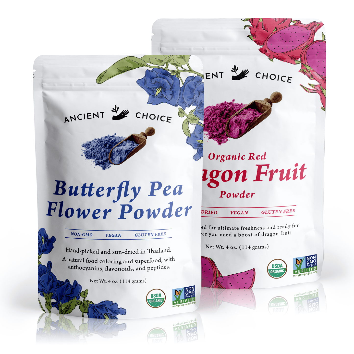 Ancient Choice Butterfly Pea Flower Powder 4oz pouch and Ancient Choice Dragon Fruit Powder 4oz pouch, 2-pack bundle, Radian Skin Duo, USDA Organic Certified, and Non-GMO Project Verified.