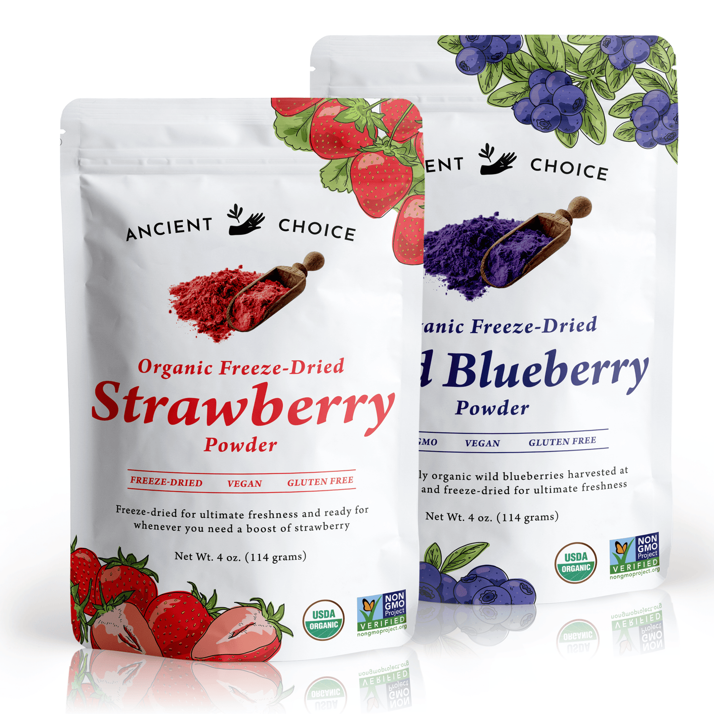 Ancient Choice Strawberry Powder 4oz pouch and Ancient Choice Wild Blueberry Powder 4oz pouch, 2-pack bundle, Berry Blast Duo, USDA Organic Certified, and Non-GMO Project Verified.