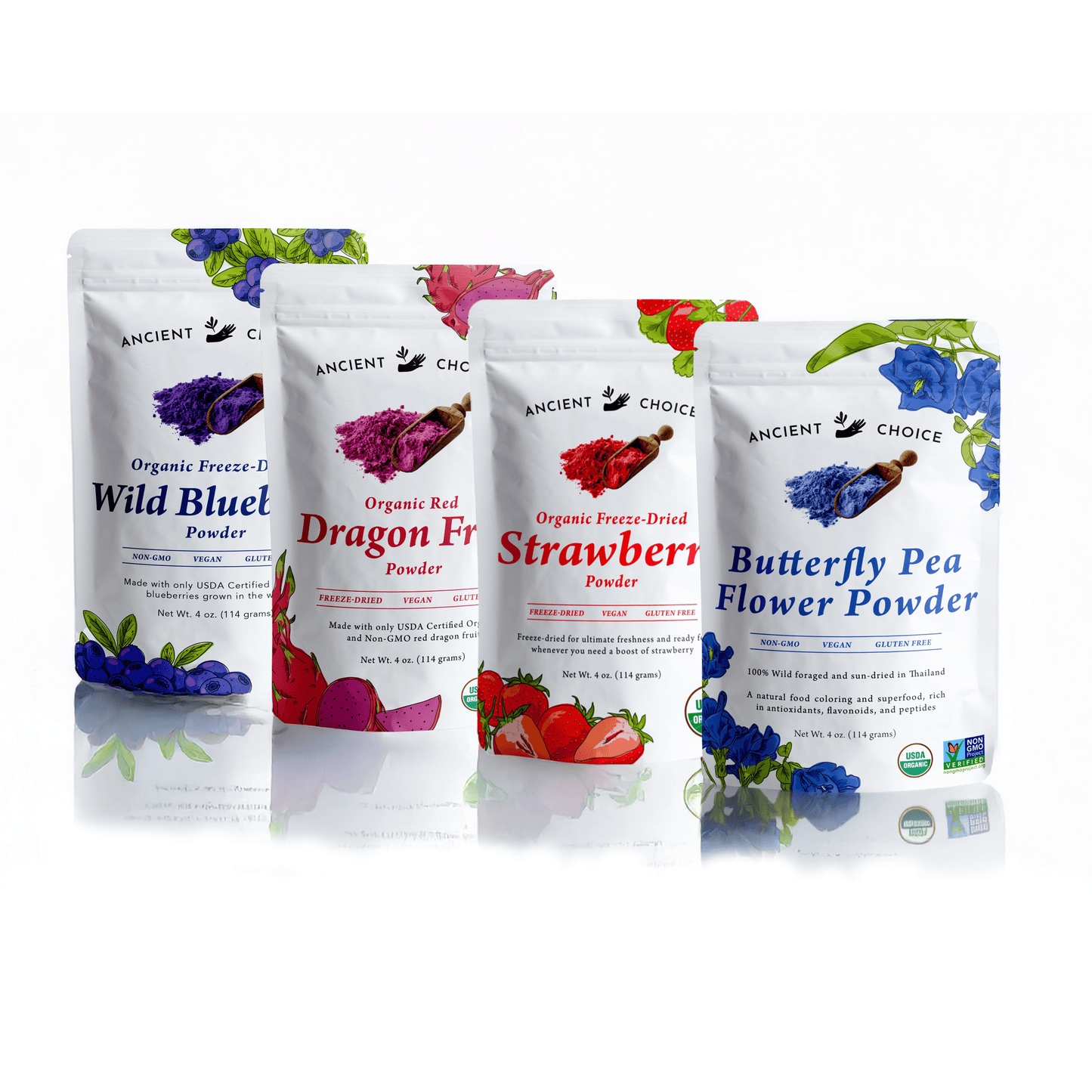 Ancient Choice ingredients in 4 oz pouches, freeze-dried, USDA Organic certified, and Non-GMO Project Verified.