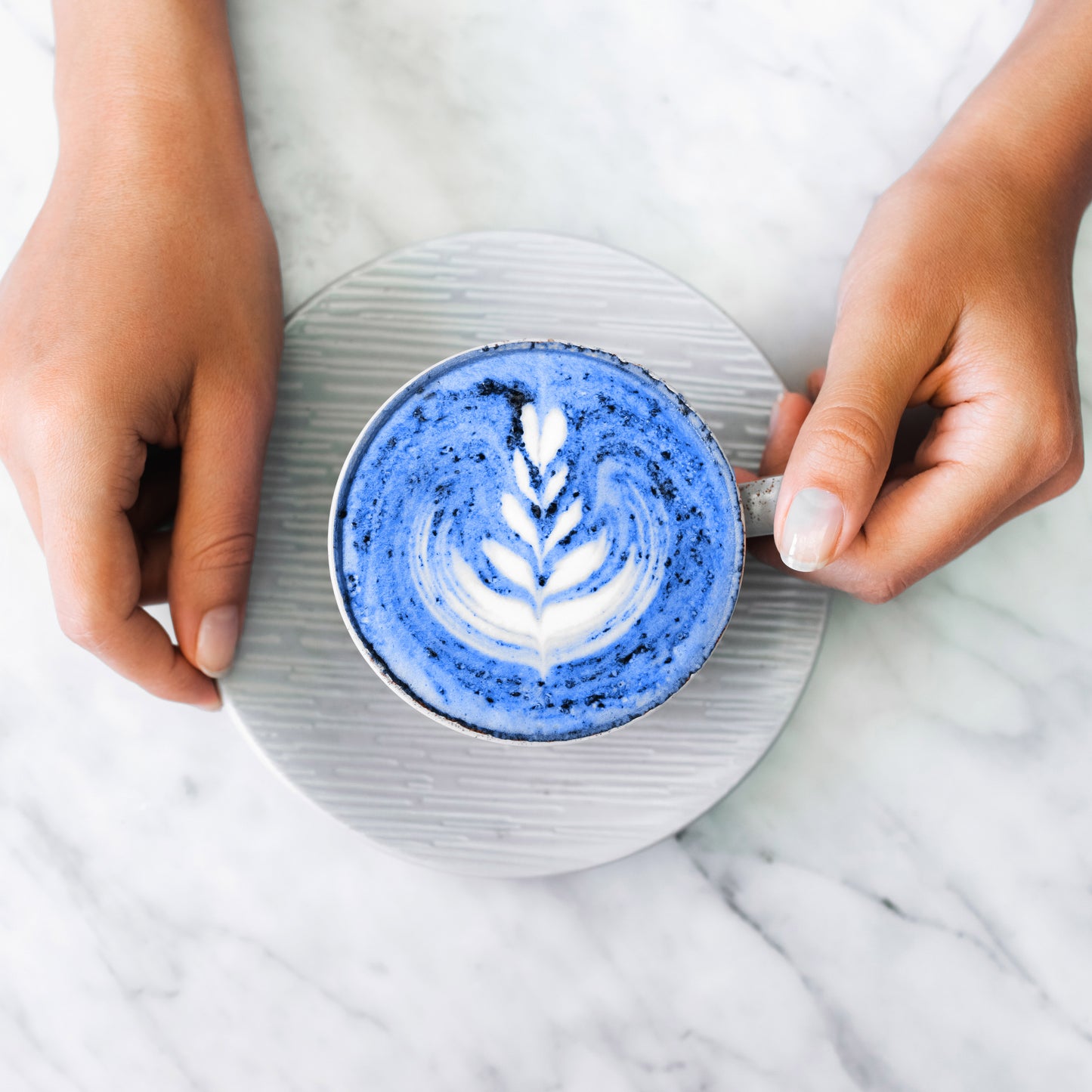 Blue matcha latte made with Ancient Choice Butterfly Pea Flower Powder,  served in a ceramic cup and held with both hands.